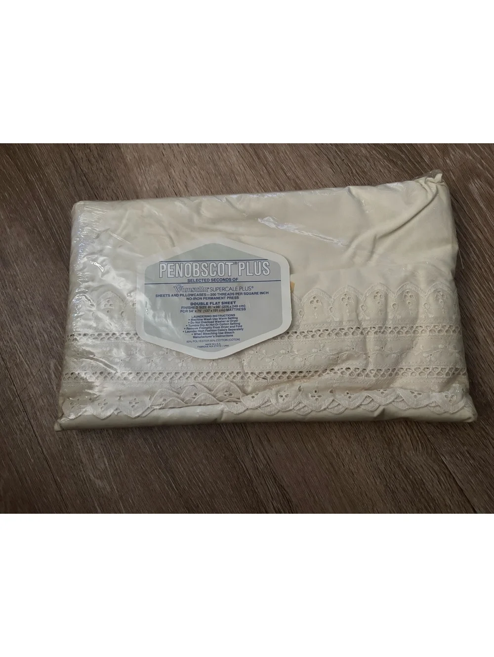 Vtg Wamsutta Penobscot Plus Beige Eyelet Double Flat Sheet NOS Wamsutta d6